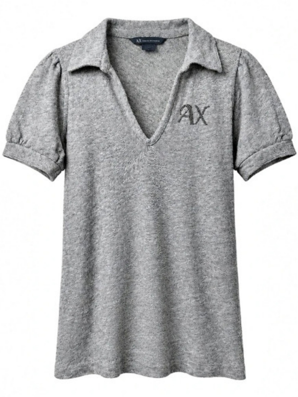 A|X Armani Exchange Grey Rhinestone Logo Puff Sleeve Polo Top – Size S